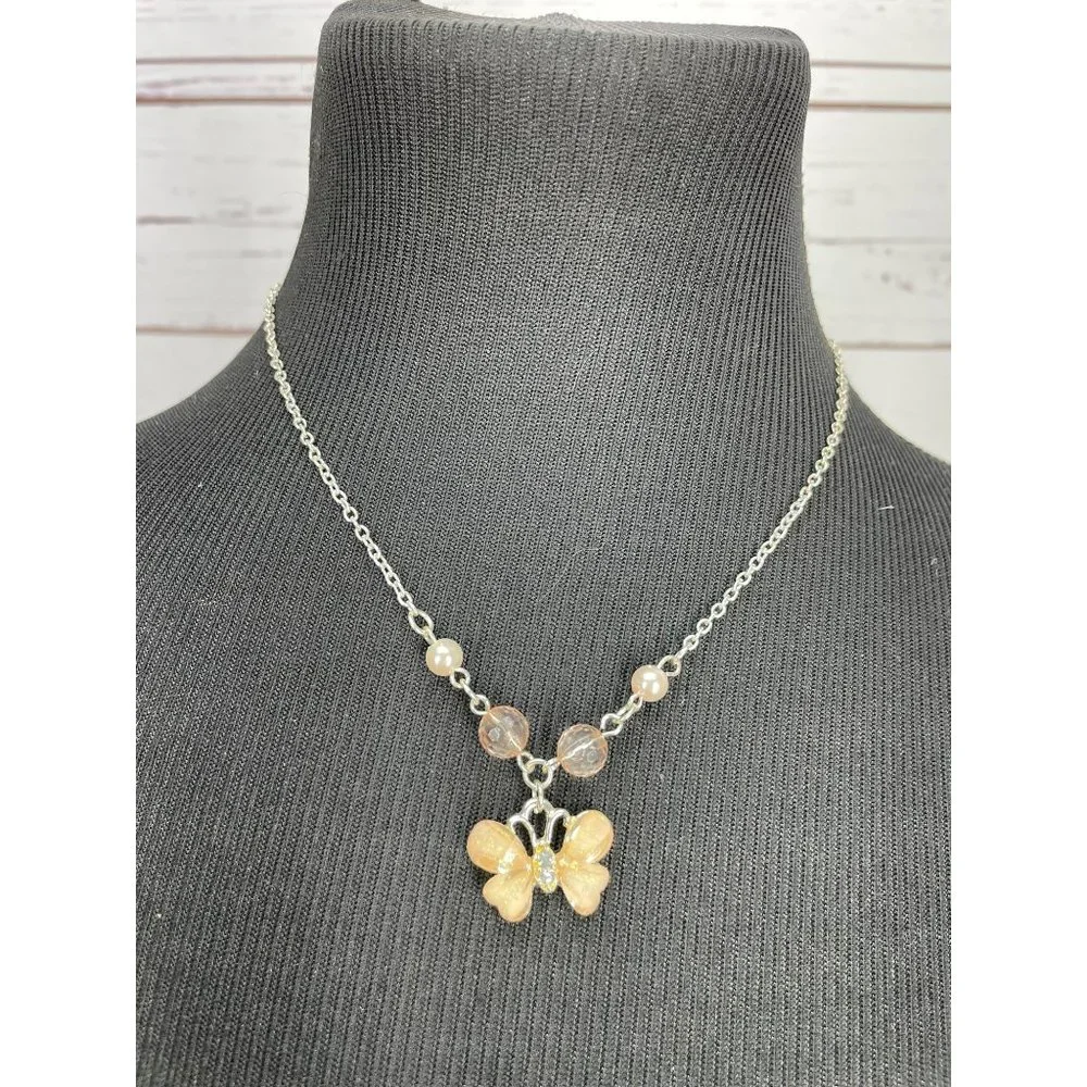 Clair's Girls Peach Pink Glitter Butterfly Pendant Silver Fashion Necklace‎